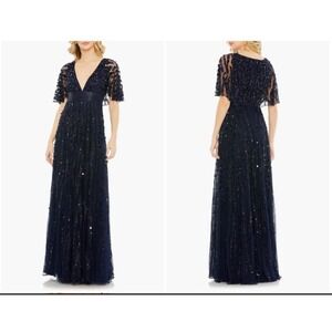 Mac Duggal Dress Sz 6‎ Navy Blue Sequin Embellished V-neck Cape Column Gown $798